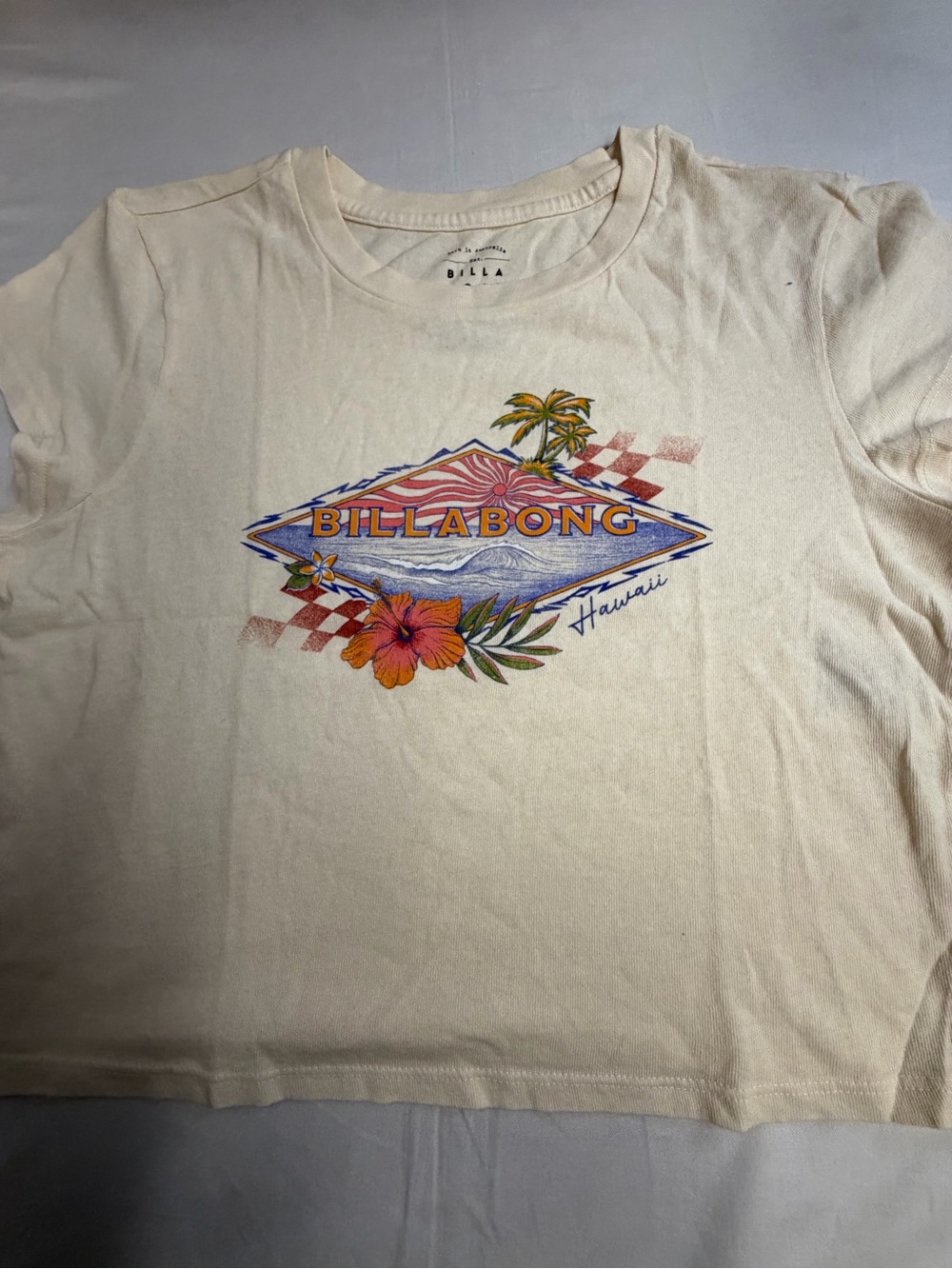 Billabong Cropped Cream Graphic Tee with Tropical Logo
